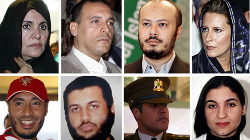 Vợ Safiya và các con của Gaddafi:  Hannibal, Mohammed, Aisha; dưới: Saadi, Saif Al-Arab, Khamis, Hana -  Ảnh: Reuters.